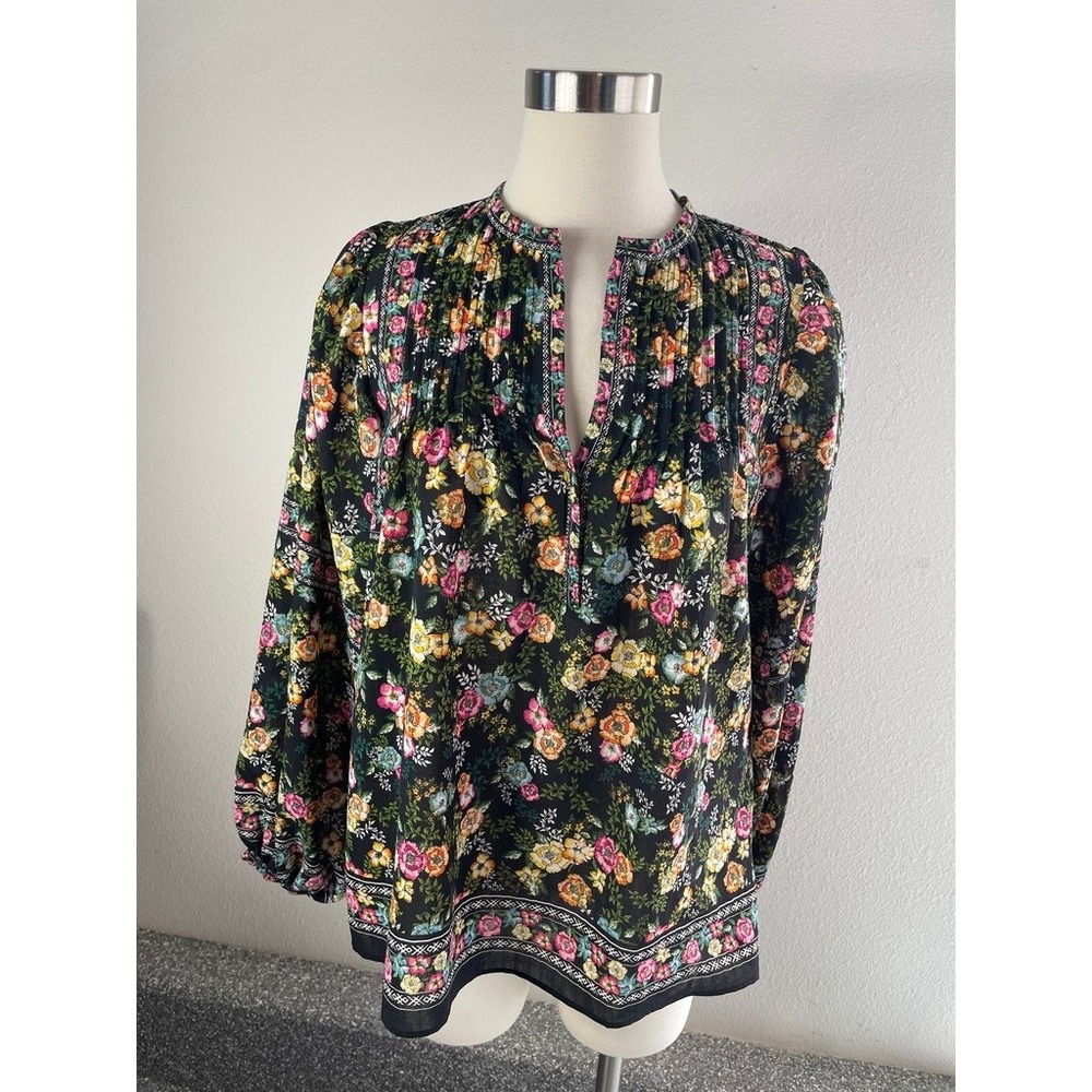 Rose + Olive Womens Medium Floral V Neck Long Sleeve Blouse Black Multi Shirt